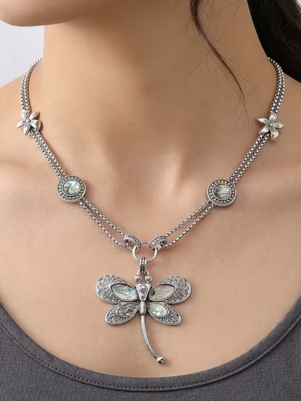 Abalone Shell and Austrian Crystal Dragonfly Necklace in Silvertone 22-24" - Picture 2 of 5